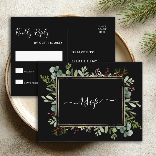 Botanische groene kerstbruiloft Black RSVP Uitnodiging Briefkaart