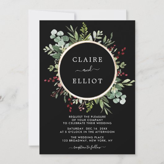 Botanische groene kerstbruiloft zwart kaart (Voorkant)