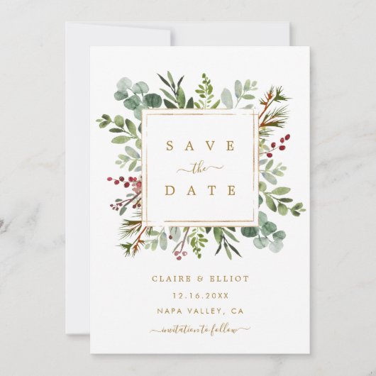 Botanische groene Kerstvakantie Gouden Bruiloft Save The Date (Voorkant)
