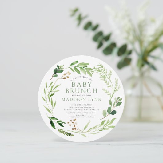 Botanische groene Leaf Baby Brunch Invitation Kaart (Staand voorkant)