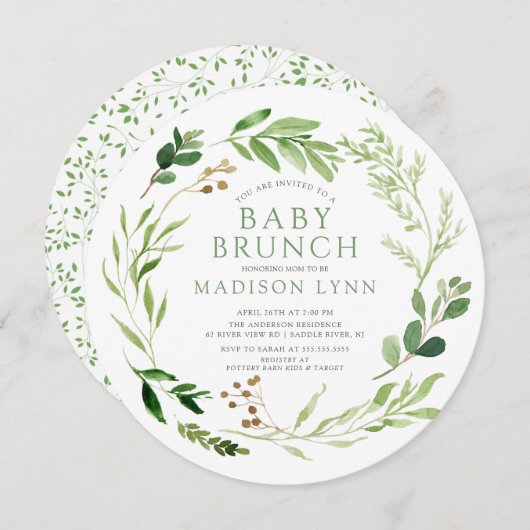 Botanische groene Leaf Baby Brunch Invitation Kaart (Voorkant / Achterkant)