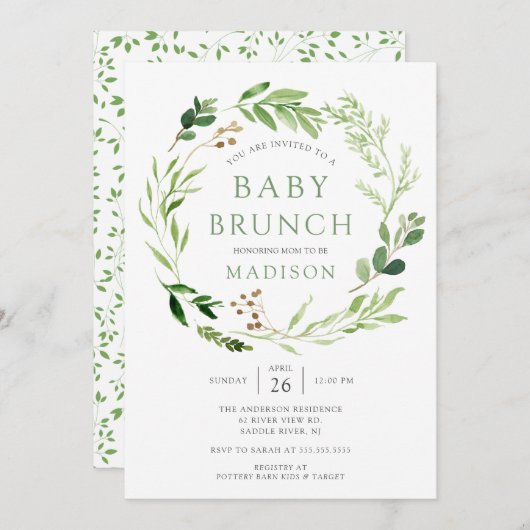 Botanische groene Leaf Baby Brunch Invitation Kaart (Voorkant / Achterkant)