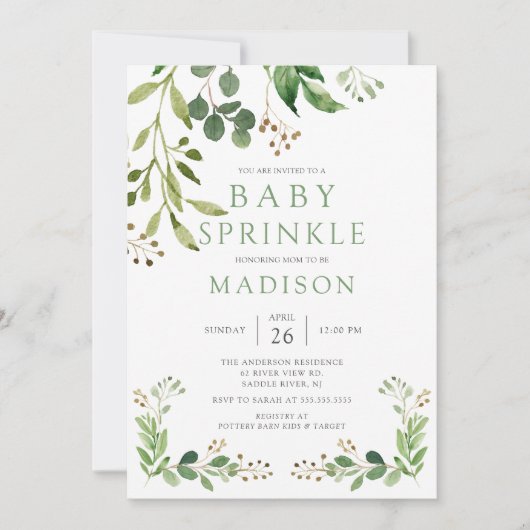 Botanische groene lef Baby Sprinkle Invitation Kaart (Voorkant)