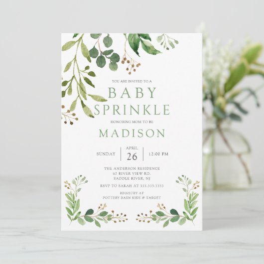 Botanische groene lef Baby Sprinkle Invitation Kaart (Staand voorkant)