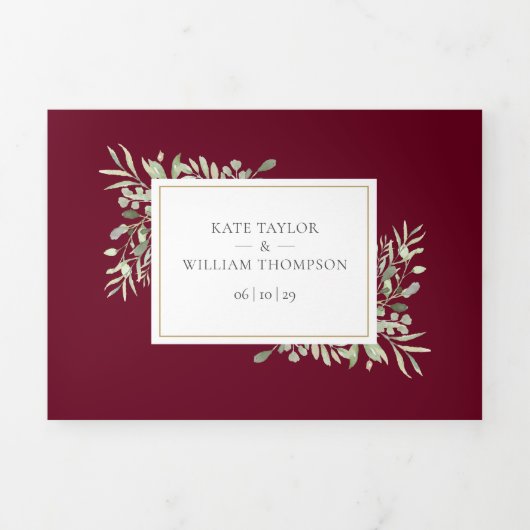 Botanische groene planten burgundy foto bruiloft drieluik uitnodiging (Cover)