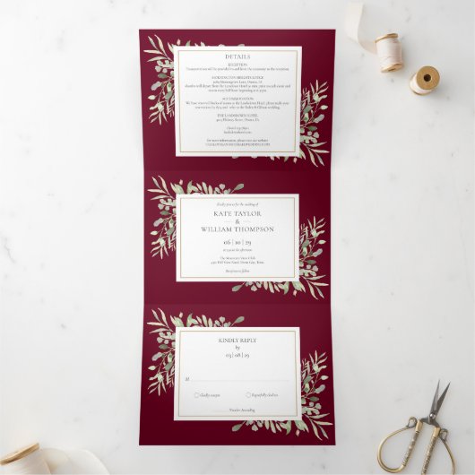 Botanische groene planten burgundy foto bruiloft drieluik uitnodiging (Binnen)