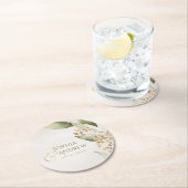 Botanische groene rustige bruiloft monogram ronde kartonnen onderzetter (Insitu)