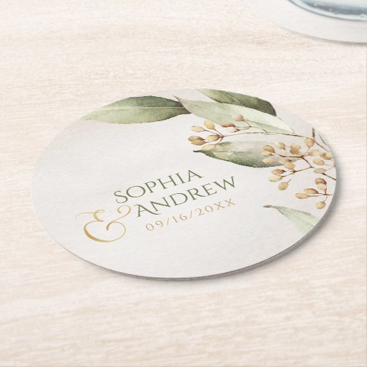 Botanische groene rustige bruiloft monogram ronde kartonnen onderzetter (Gebogen)