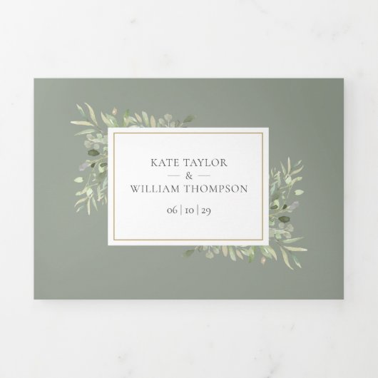 Botanische Groene Salie Groen Foto Bruiloft Drieluik Uitnodiging (Cover)