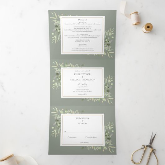 Botanische Groene Salie Groen Foto Bruiloft Drieluik Uitnodiging (Binnen)