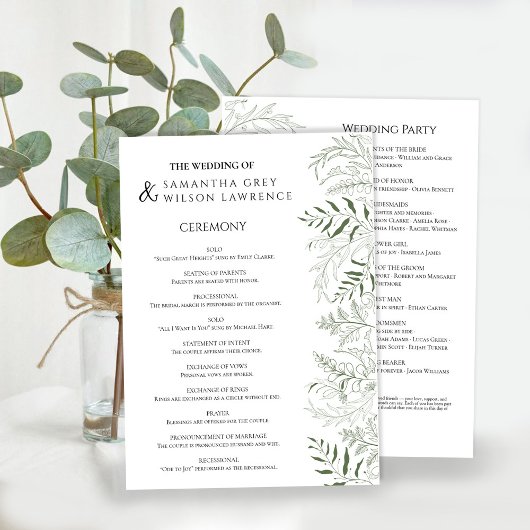 Botanische groene trouwprogramma kaart