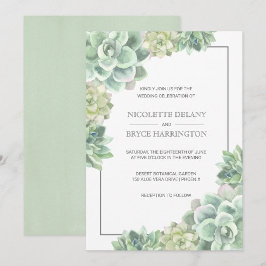 Botanische groene Waterverf Succulent Lijst Wedden Kaart (Voorkant / Achterkant)