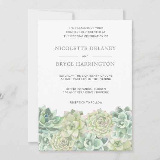 Botanische groene Waterverf Succulent Wedding Kaart (Voorkant)