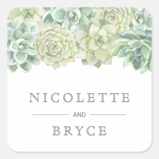 Botanische groene Waterverf Succulenten Weddenscha Vierkante Sticker (Voorkant)