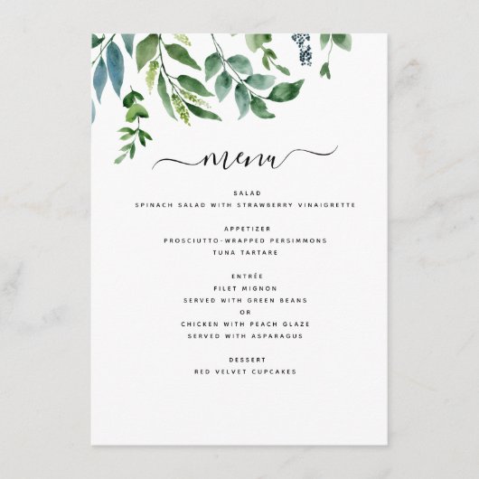 Botanische groene Waterverf van de olievlek Menu (Voorkant)