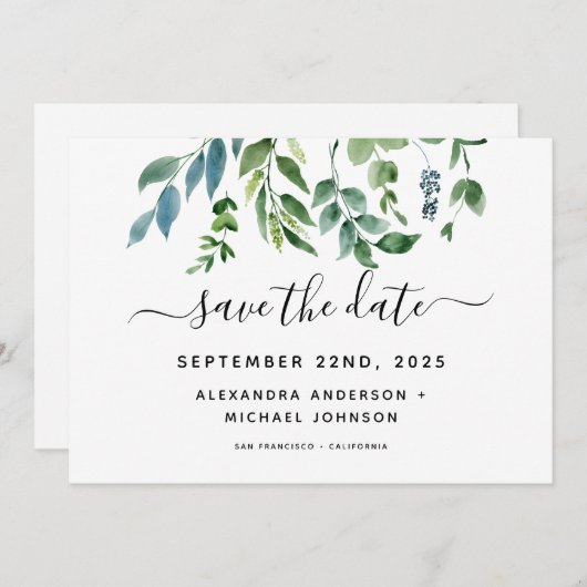 Botanische groene Waterverf van de olievlek Save The Date (Voorkant / Achterkant)