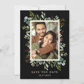 Botanische groene winter trouwfoto zwart save the date (Voorkant)