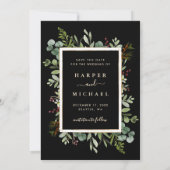 Botanische groene winter trouwfoto zwart save the date (Achterkant)