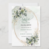 Botanische groene witte gouden Save The Date (Voorkant)