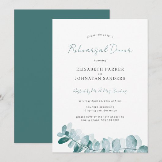 Botanische groenere modern huwelijksrepetitiediner kaart (Voorkant / Achterkant)