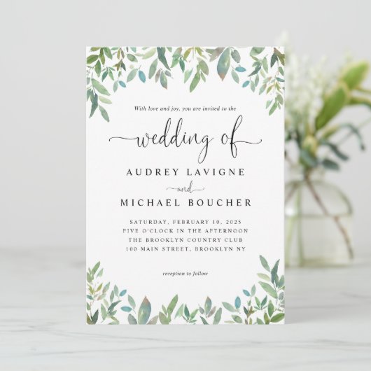 Botanische groenery groenvoer in één bruiloft kaart (Staand voorkant)