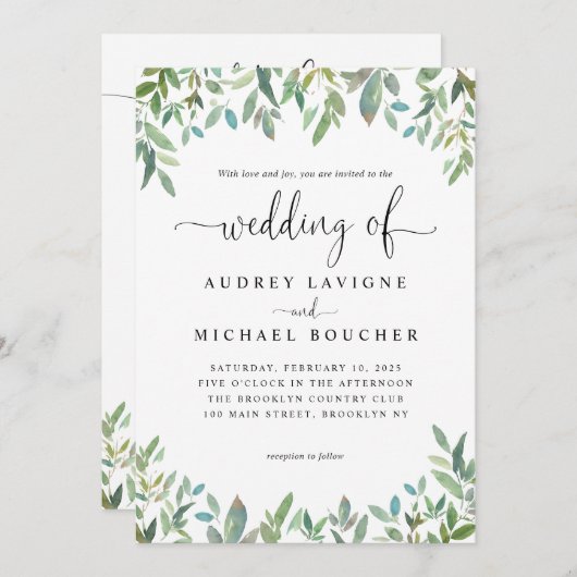 Botanische groenery groenvoer in één bruiloft kaart (Voorkant / Achterkant)