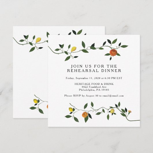 Botanische groenery, Lemons Rehearsal Dinner Invit Kaart (Voorkant / Achterkant)