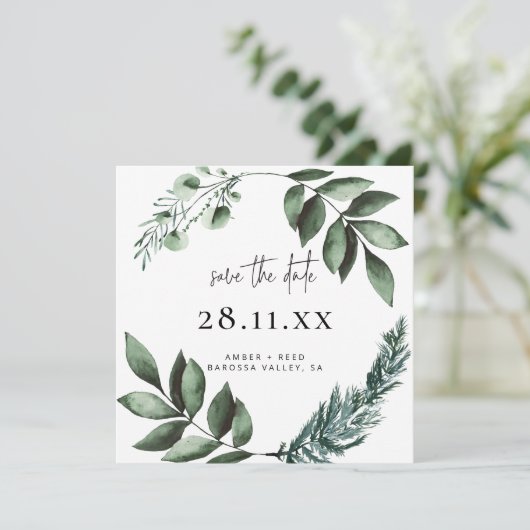 Botanische groenery Square Save the Date (Staand voorkant)