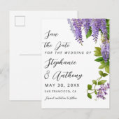 Botanische Hangende Paarse Wisteria Bruiloft Aankondigingskaart (Voorkant / Achterkant)