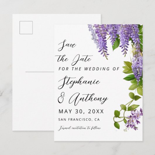 Botanische Hangende Paarse Wisteria Bruiloft Aankondigingskaart (Voorkant / Achterkant)