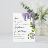 Botanische Hangende Paarse Wisteria Bruiloft Aankondigingskaart (Staand voorkant)