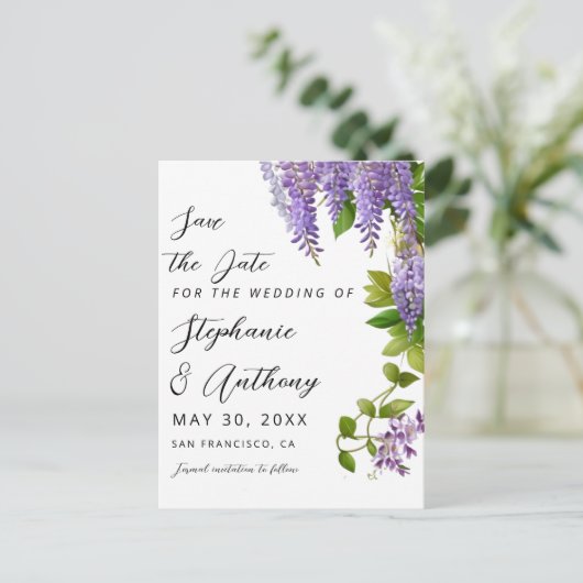 Botanische Hangende Paarse Wisteria Bruiloft Aankondigingskaart (Staand voorkant)