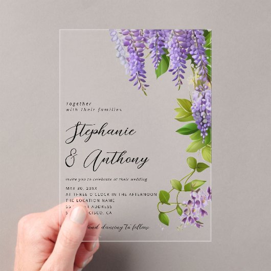 Botanische Hangende Paarse Wisteria Bruiloft Acryl Uitnodigingen (Insitu (Draagbaar))