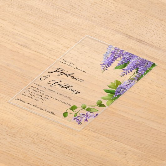 Botanische Hangende Paarse Wisteria Bruiloft Acryl Uitnodigingen (Laagn)