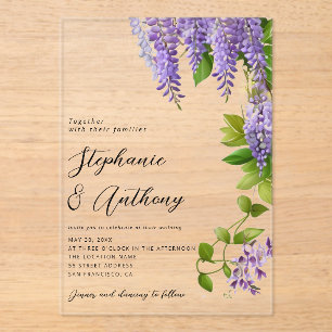 Botanische Hangende Paarse Wisteria Bruiloft Acryl Uitnodigingen