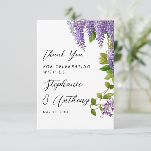 Botanische Hangende Paarse Wisteria Bruiloft Bedankkaart (Staand voorkant)