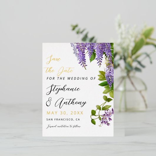 Botanische Hangende Paarse Wisteria Bruiloft Folie Uitnodiging Briefkaart (Staand Voorkant)