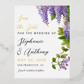 Botanische Hangende Paarse Wisteria Bruiloft Folie Uitnodiging Briefkaart (Voorkant)