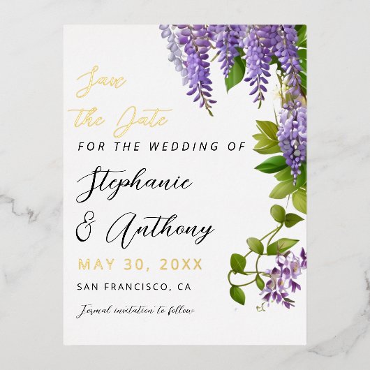 Botanische Hangende Paarse Wisteria Bruiloft Folie Uitnodiging Briefkaart (Voorkant)