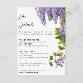 Botanische Hangende Paarse Wisteria Bruiloft Informatiekaartje
