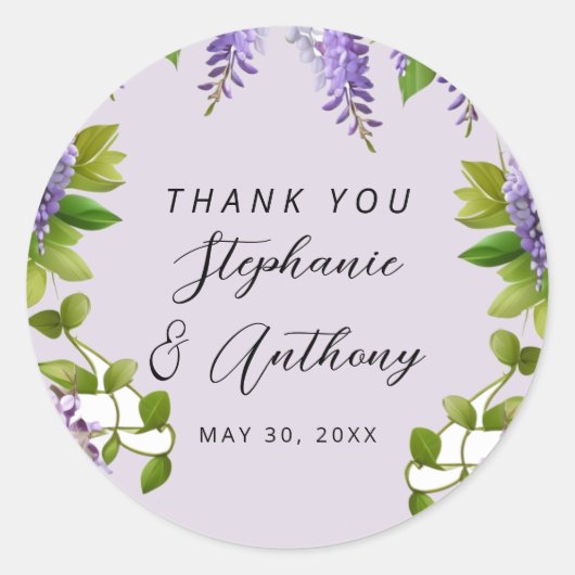 Botanische Hangende Paarse Wisteria Bruiloft Ronde Sticker (Voorkant)