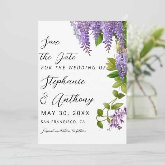 Botanische Hangende Paarse Wisteria Bruiloft Save The Date (Staand voorkant)