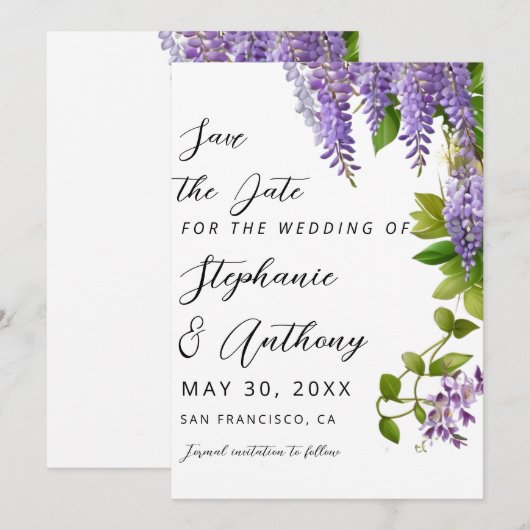Botanische Hangende Paarse Wisteria Bruiloft Save The Date (Voorkant / Achterkant)