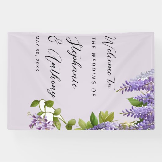 Botanische Hangende Paarse Wisteria Bruiloft Spandoek (Horizontaal)