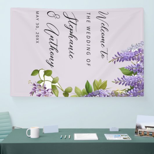 Botanische Hangende Paarse Wisteria Bruiloft Spandoek (Beurs)