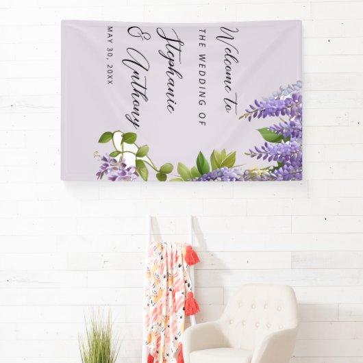 Botanische Hangende Paarse Wisteria Bruiloft Spandoek (Insitu)