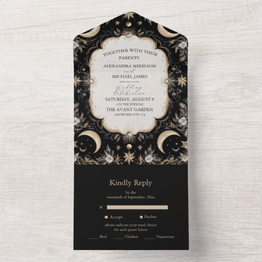 Botanische  Hemelse Maan Sterren Wedding All In One Uitnodiging (Binnen)