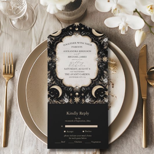 Botanische  Hemelse Maan Sterren Wedding All In One Uitnodiging