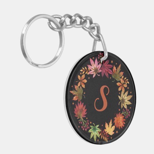 Botanische herfst laat monogram op zwart achter sleutelhanger (Voorkant Links)