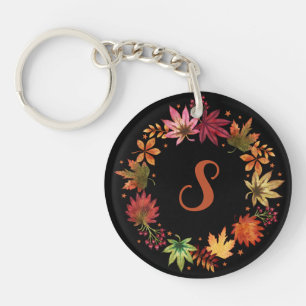 Botanische herfst laat monogram op zwart achter sleutelhanger